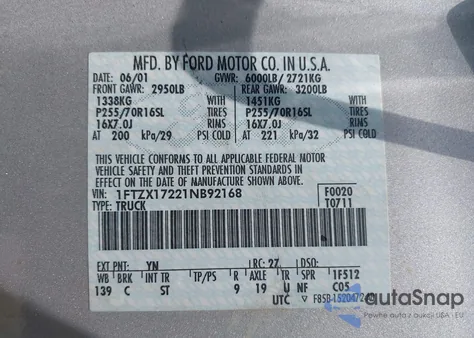 2001 Ford F-150 Xl/Xlt from USA, damaged, VIN 1FTZX17221NB92168